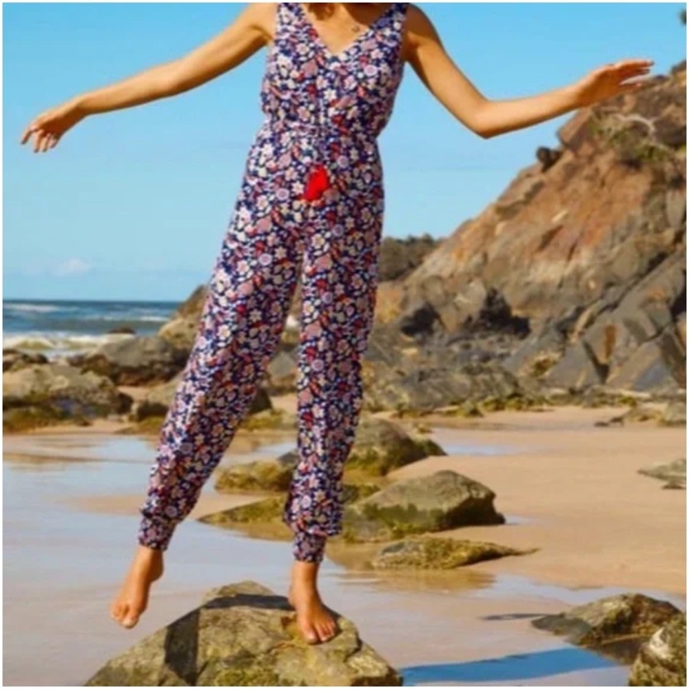 Boden Floral Jumpsuit in Blue and Red